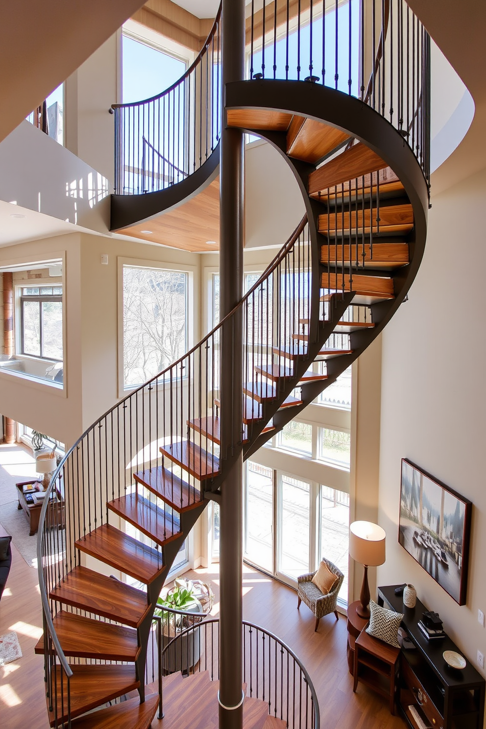 A stunning spiral staircase elegantly connects multiple living areas. The staircase features a sleek metal railing and wooden treads, creating a harmonious blend of modern and classic design elements. Natural light floods the space through large windows, highlighting the intricate details of the staircase. The surrounding walls are adorned with contemporary artwork, enhancing the visual appeal of this architectural centerpiece.