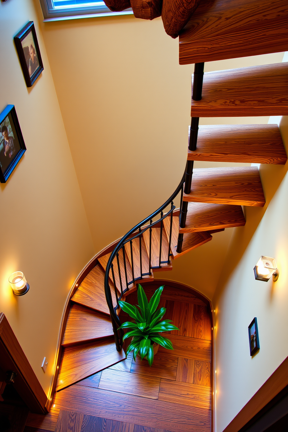 A rustic wooden spiral staircase with iron accents winds elegantly upward, showcasing the natural grain of the wood against the sleek, dark iron. The staircase is surrounded by warm, ambient lighting that highlights its craftsmanship and creates a cozy atmosphere. At the base, a small wooden landing features a decorative plant that adds a touch of greenery. The walls are adorned with vintage photographs, enhancing the rustic charm of the space.