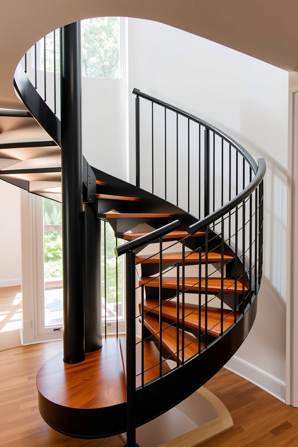 A sleek black spiral staircase winds gracefully through a contemporary home. The staircase features minimalist metal railings that complement the modern aesthetic, with each step crafted from polished wood for a striking contrast. Natural light floods the space, highlighting the elegant curves of the staircase. The surrounding walls are painted in a crisp white, enhancing the staircase's bold black finish and creating an open, airy feel.