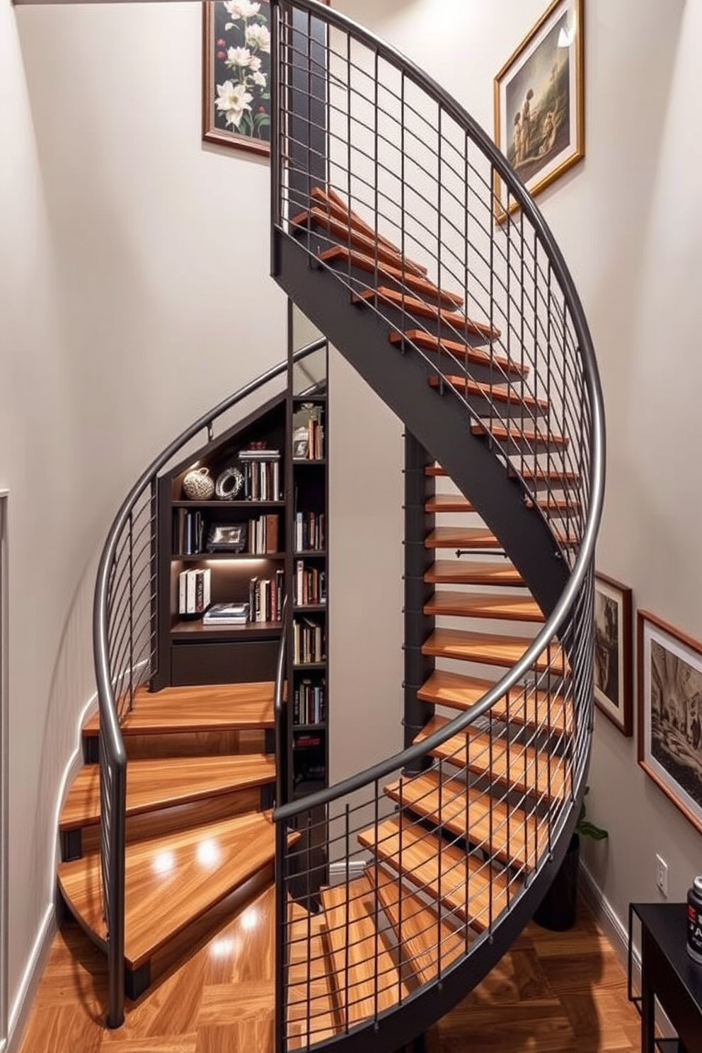 A stunning spiral staircase elegantly winds upwards, featuring a sleek metal railing that complements the wooden steps. Integrated into the design is a contemporary bookcase seamlessly built into the staircase, showcasing a collection of books and decorative items. The staircase is illuminated by soft recessed lighting that highlights its curves, creating a warm and inviting atmosphere. Surrounding the staircase, the walls are adorned with tasteful artwork, enhancing the overall aesthetic of the space.