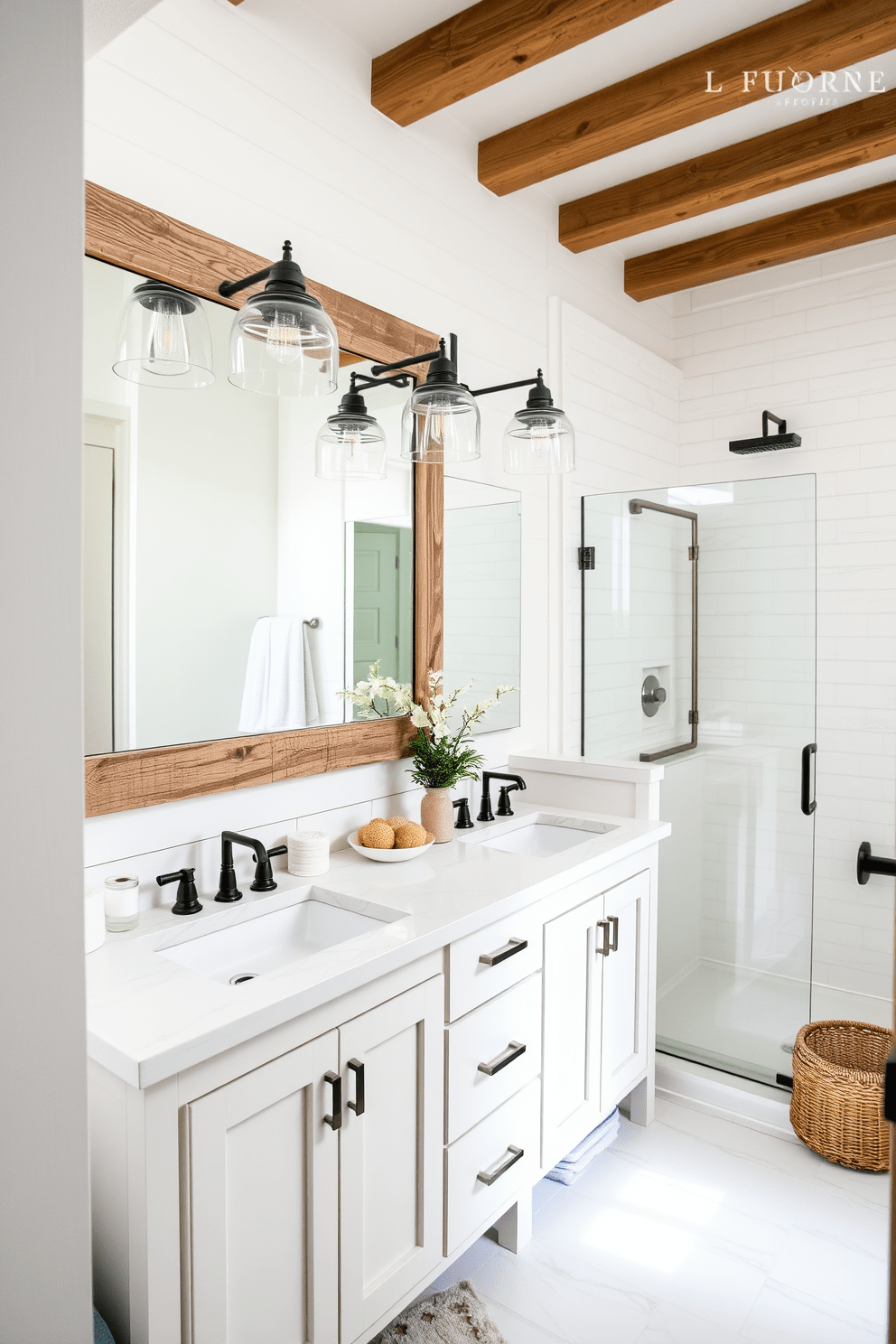 A modern farmhouse bathroom featuring a double vanity with shiplap accents. The vanity is topped with a large mirror framed in reclaimed wood, and stylish pendant lights hang above it. The space is divided into two sections, one with the vanity and the other with a spacious shower area. Neutral tones dominate the color palette, complemented by rustic decor elements like woven baskets and greenery.