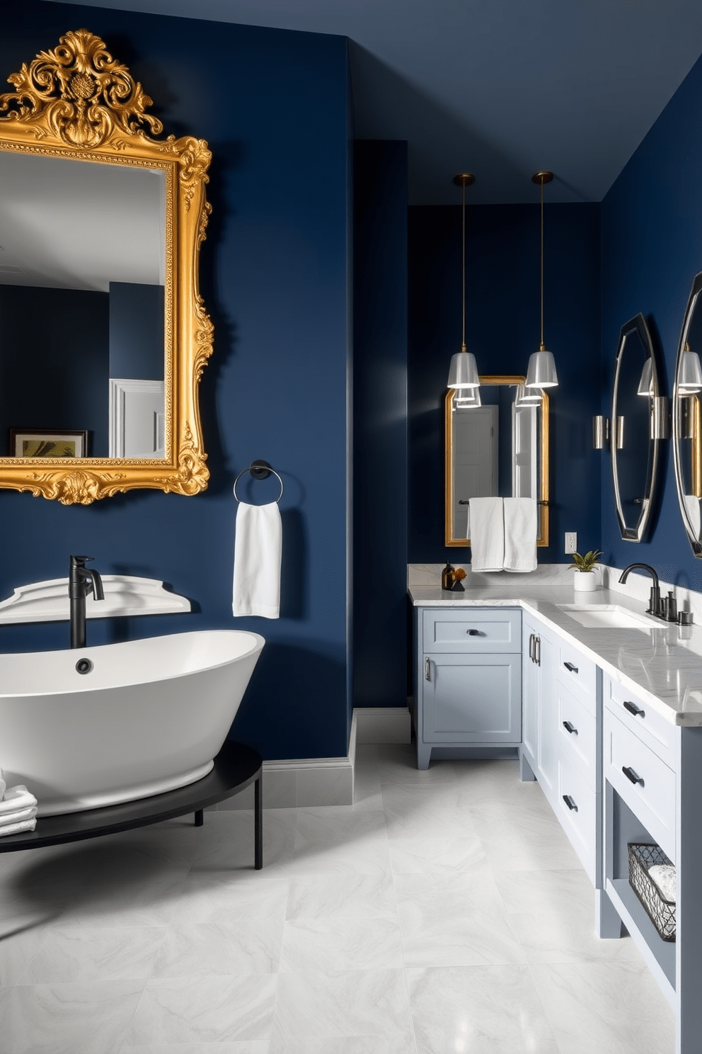 A bold accent wall in deep navy blue serves as the backdrop for a large statement mirror with an ornate gold frame. On one side of the split bathroom, a freestanding soaking tub is complemented by a sleek black faucet and soft white towels neatly arranged on a nearby shelf. The opposite side features a modern double vanity with a quartz countertop and stylish pendant lighting overhead. Light gray tiles cover the floor, creating a cohesive and elegant look that enhances the overall sophistication of the space.