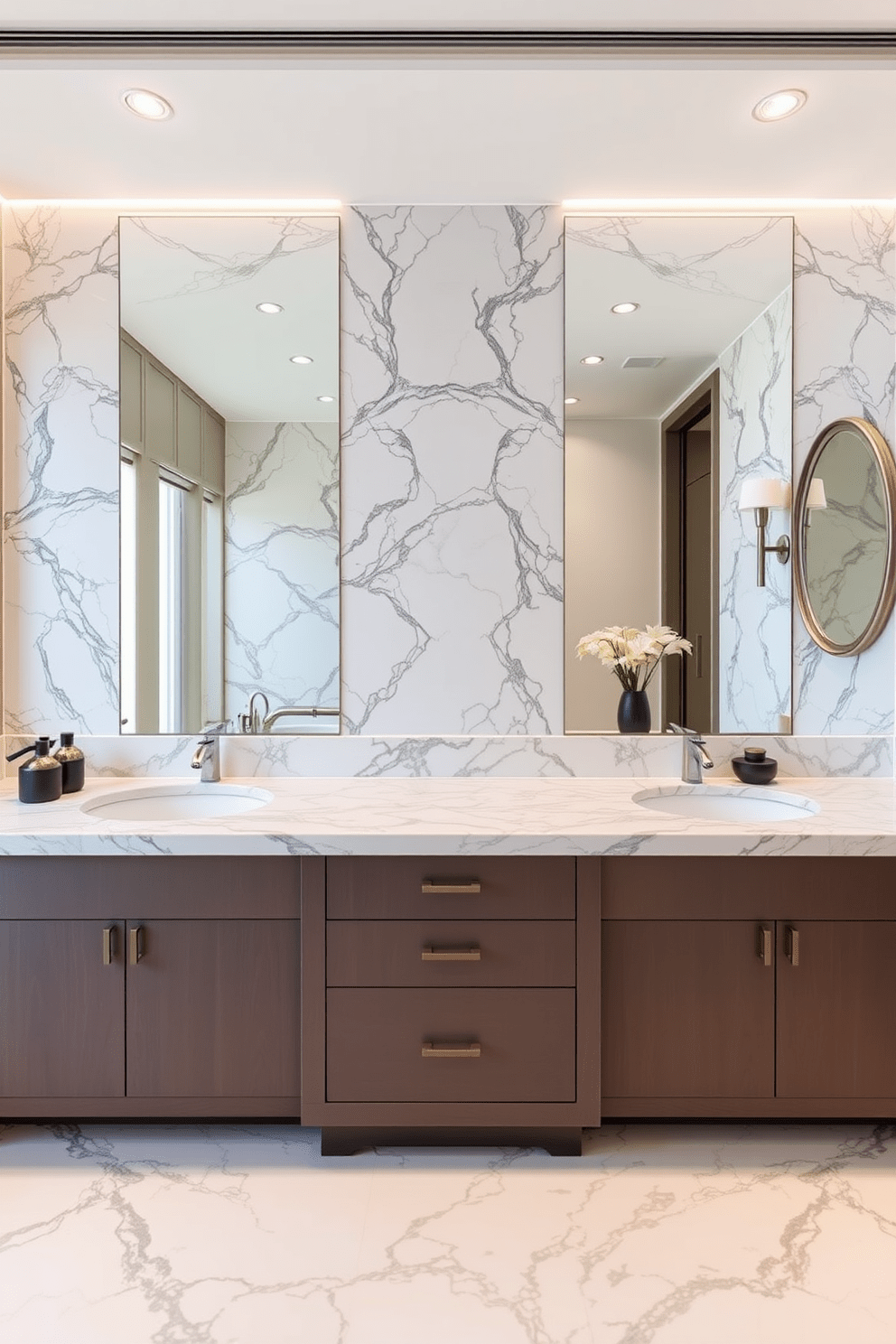 A luxurious split bathroom featuring stunning marble countertops that seamlessly connect with an elegant marble backsplash. The space is divided into two distinct areas, each showcasing sophisticated fixtures and tasteful decor.