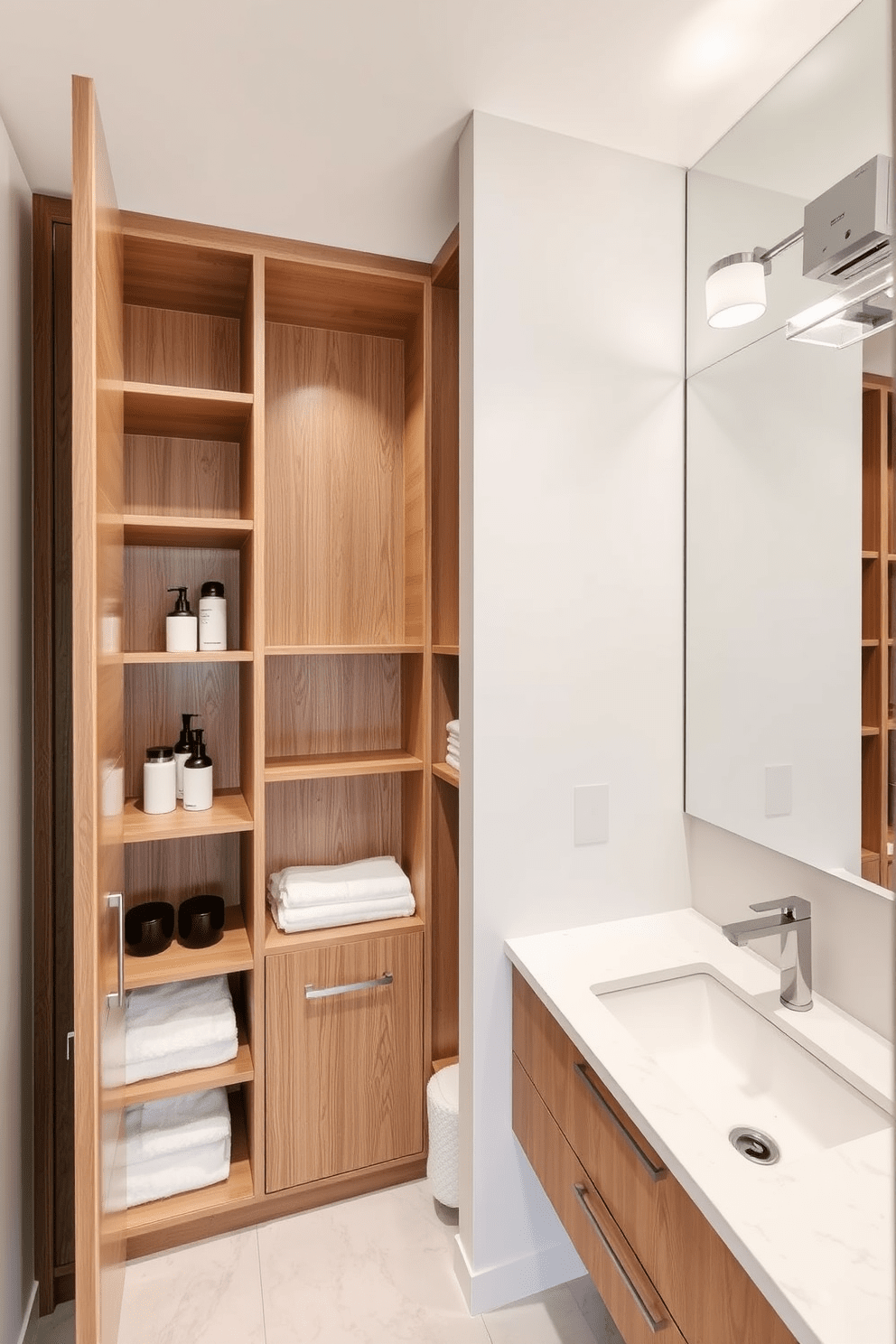 A modern split bathroom design featuring functional built-in storage solutions. One side showcases a sleek wooden cabinet with open shelving for easy access to essentials, while the opposite side includes a minimalist vanity with a large mirror and elegant lighting.