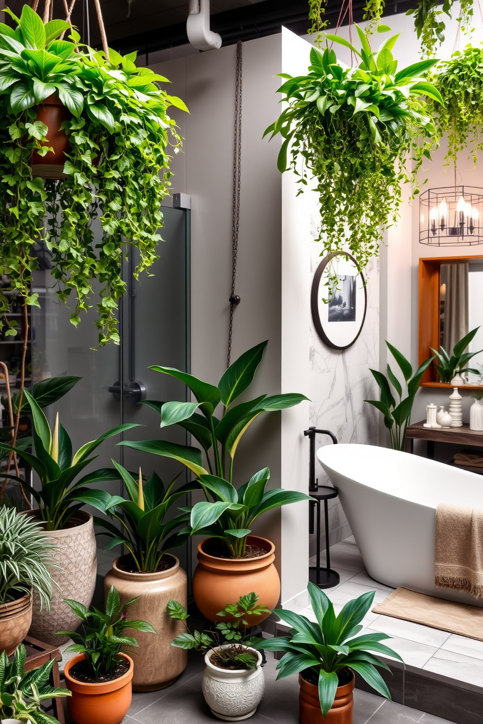 A nature-inspired decor setting featuring an abundance of indoor plants. Lush green foliage cascades from hanging planters while potted plants in varied sizes create a vibrant atmosphere. A split bathroom design showcasing a seamless blend of functionality and style. One side features a sleek modern shower with glass doors, while the other boasts a freestanding soaking tub surrounded by elegant decor.