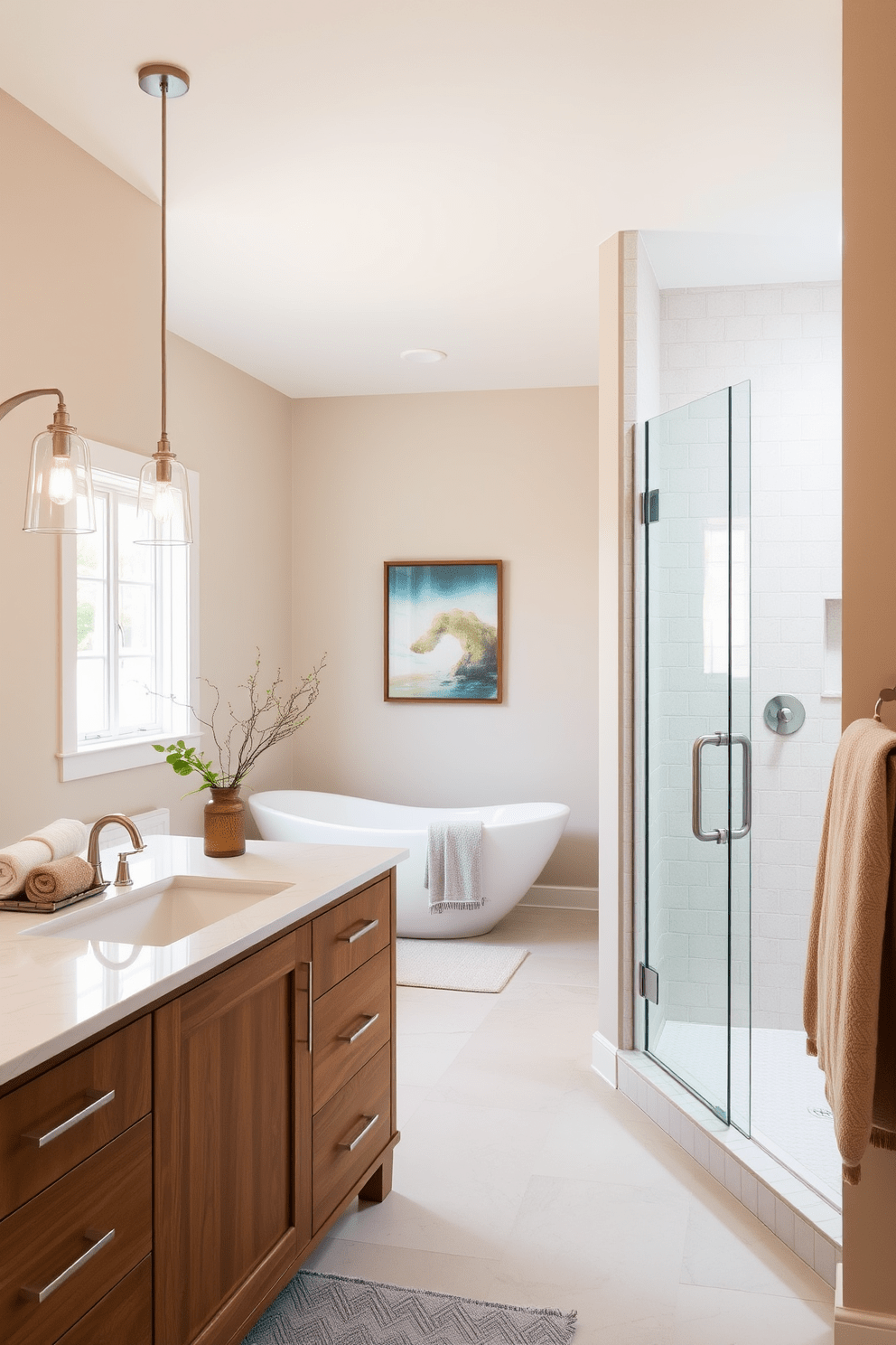 A serene bathroom retreat featuring soft neutral tones that create a calming atmosphere. The space is divided into two distinct areas, one with a freestanding tub surrounded by natural light and the other with a spacious walk-in shower enclosed by glass. The walls are painted in a light beige hue, complemented by a warm wood vanity with a white quartz countertop. Elegant pendant lights hang above the vanity, providing a soft glow, while plush towels in muted shades are neatly arranged on a nearby rack.