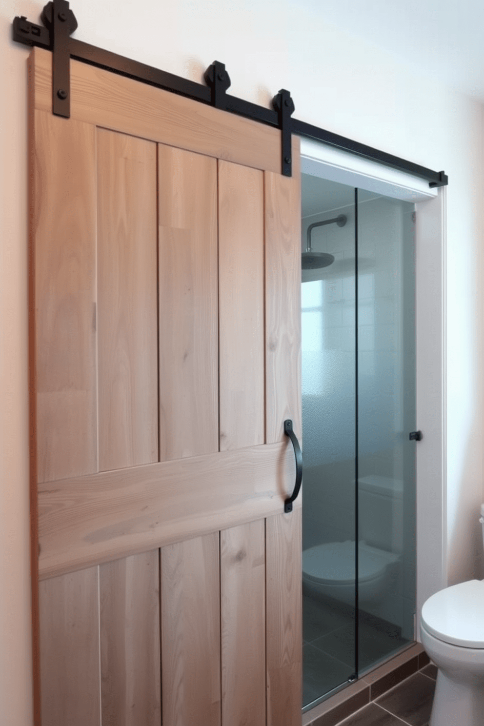 A contemporary sliding barn door made of reclaimed wood adds a rustic yet modern touch to the space. The door slides effortlessly to reveal a split bathroom design featuring separate areas for the shower and toilet. The shower area is enclosed with frosted glass panels, providing a sleek and open feel. The toilet area features elegant wall-mounted fixtures and a minimalist design, creating a tranquil atmosphere.