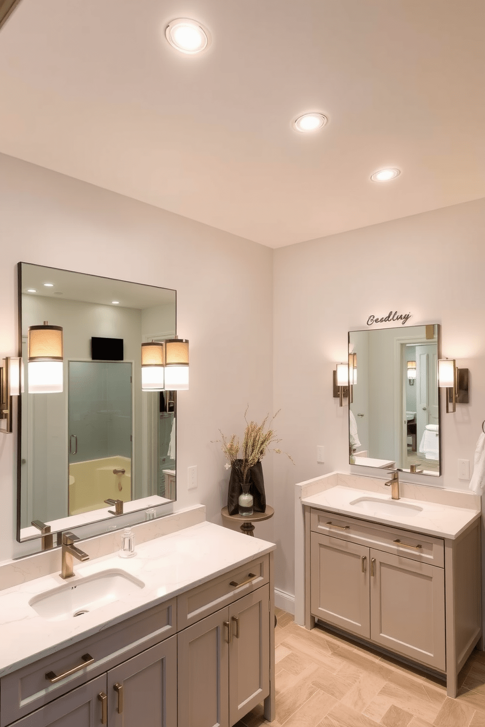 A beautifully layered lighting scheme creates a warm and inviting atmosphere in the split bathroom design. Soft recessed lighting illuminates the space, while stylish pendant lights above the vanity add a touch of elegance. Incorporating a mix of task and ambient lighting enhances both functionality and aesthetics. Wall sconces on either side of the mirrors provide focused light for grooming, complementing the overall design.