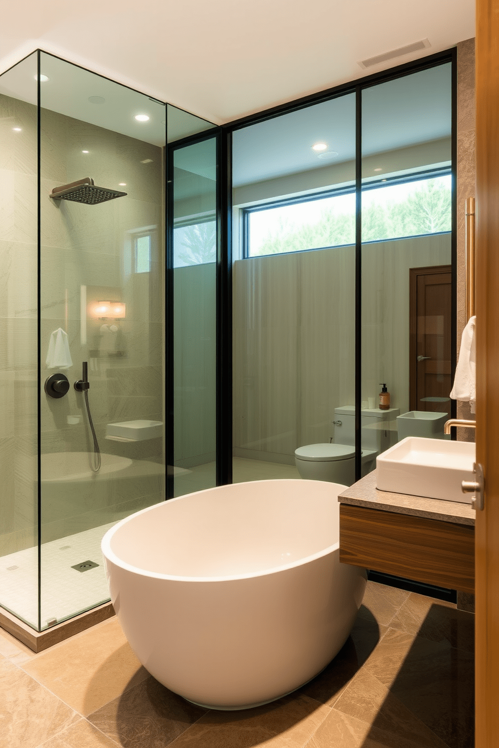 A spa-inspired wet room featuring sleek glass partitions creates a serene atmosphere. The space includes a rainfall showerhead and a freestanding soaking tub surrounded by natural stone tiles. The split bathroom design incorporates a spacious layout that separates the shower and toilet from the vanity area. Elegant lighting fixtures and warm wood accents enhance the overall calming vibe of the environment.