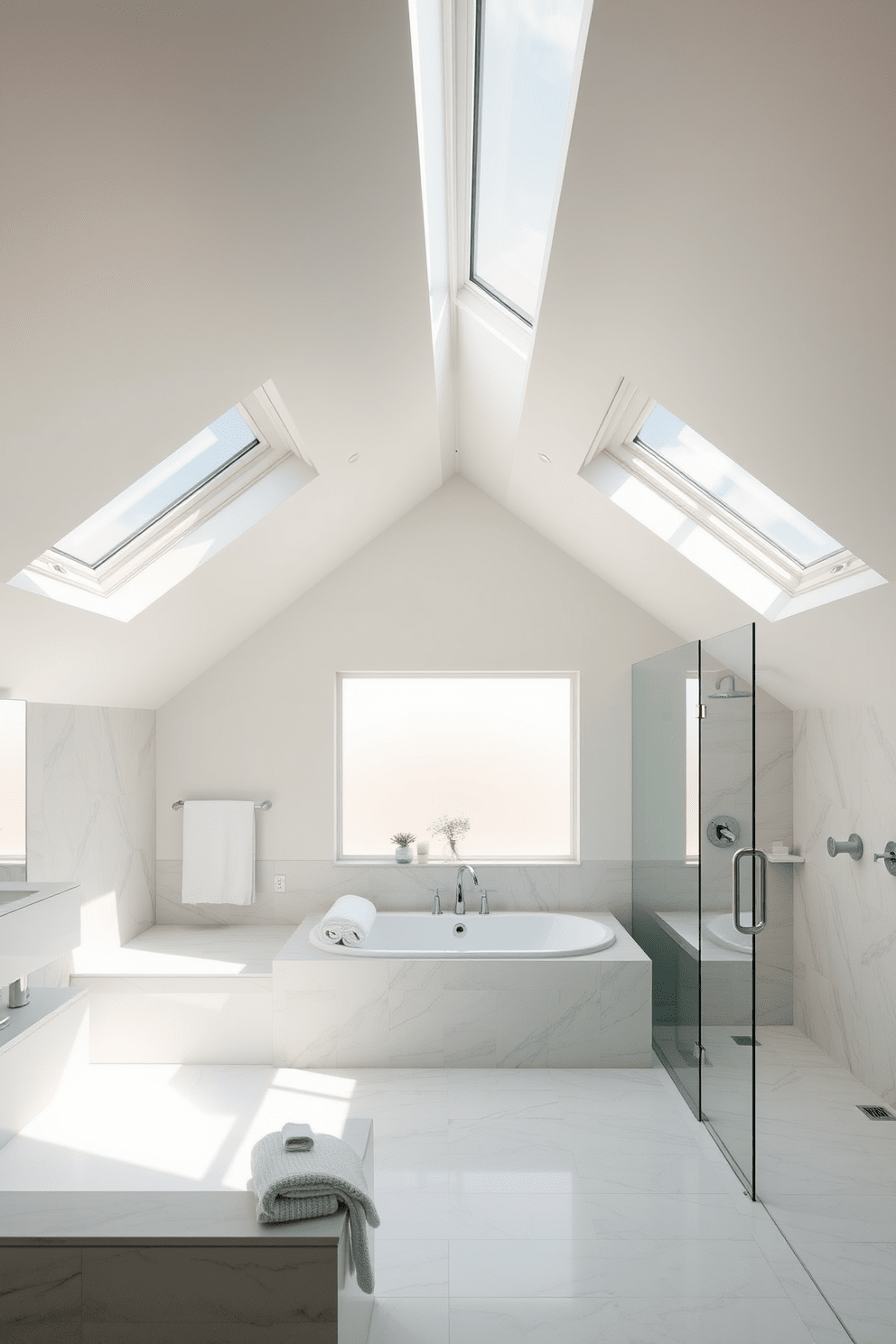 Bright skylights flood the space with natural light, creating a warm and inviting atmosphere. The split bathroom design features a seamless flow between the two areas, enhancing functionality and style. One side showcases a luxurious soaking tub surrounded by elegant tiles and plush towels, while the other side includes a modern shower with sleek fixtures. The color palette combines soft whites and calming blues, promoting a serene ambiance throughout the space.