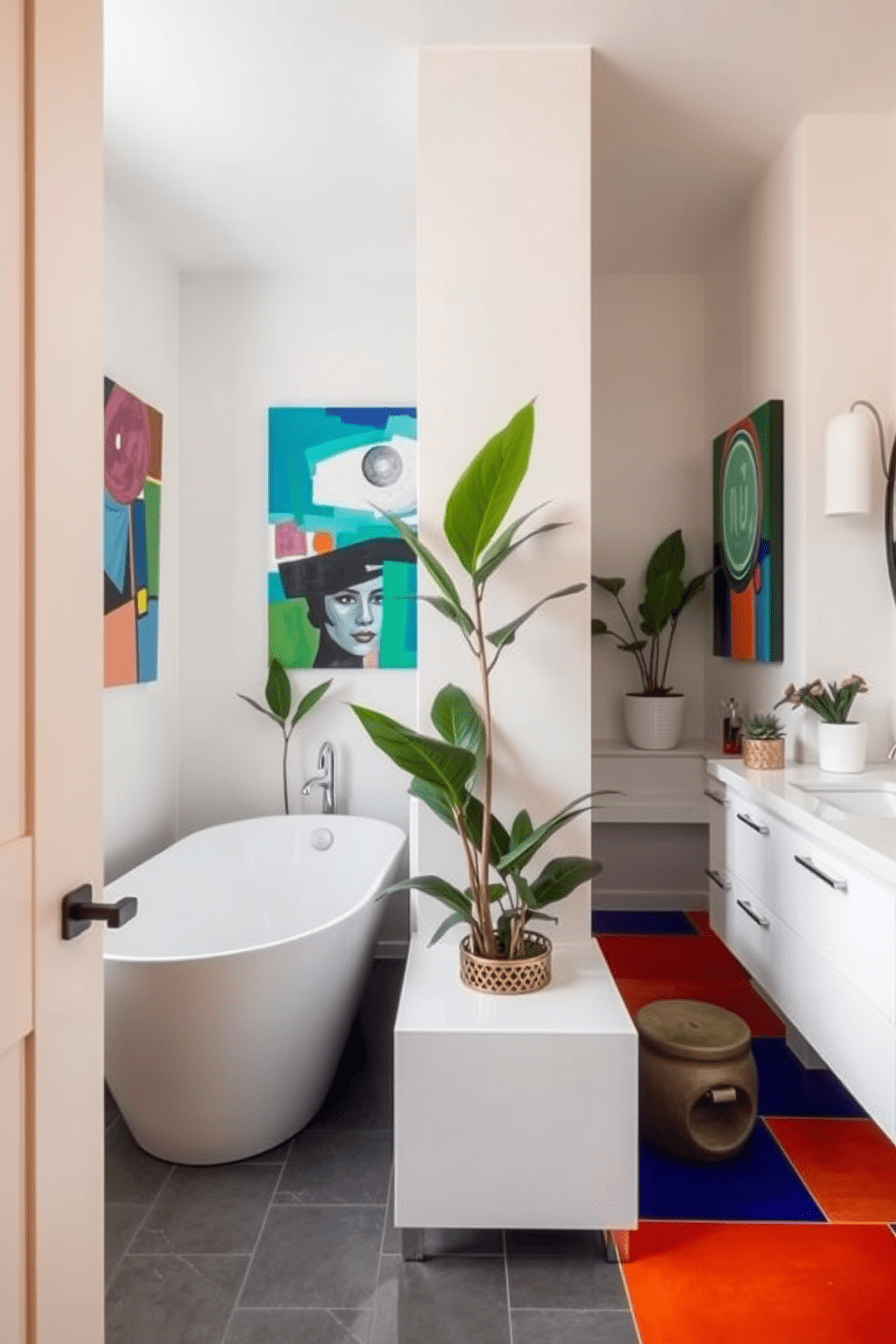 A vibrant split bathroom design featuring colorful art pieces that reflect personal style. One side showcases a sleek freestanding tub surrounded by abstract paintings, while the other side includes a modern vanity with bold artwork above the sink. The walls are painted in a soft neutral tone to allow the art to pop, complemented by bright accent tiles on the floor. Decorative plants are strategically placed to add a touch of greenery and warmth to the space.