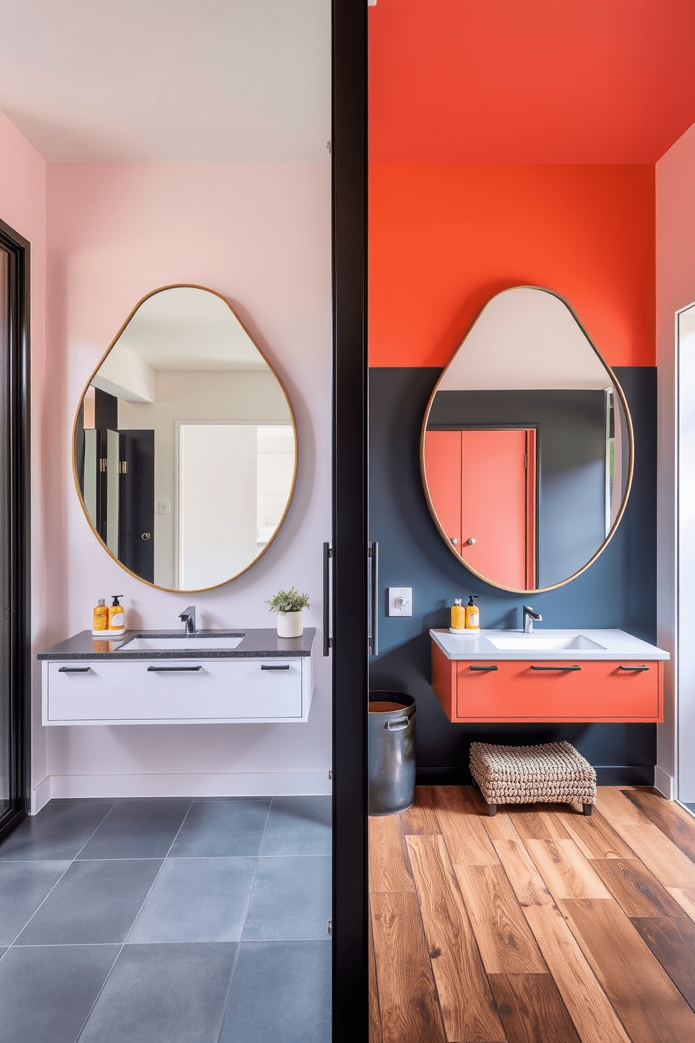 A striking split bathroom design featuring unique shaped mirrors that enhance visual interest. The mirrors are positioned asymmetrically above stylish vanities, creating a dynamic focal point in the space. Each side of the bathroom showcases complementary color palettes, with one side adorned in soft pastels and the other in bold, rich tones. The flooring alternates between sleek tiles and warm wood, adding texture and depth to the overall aesthetic.