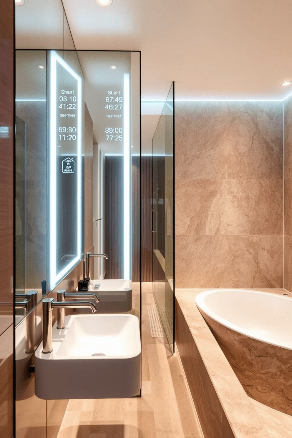 A modern bathroom featuring integrated technology with smart mirrors that display real-time information. The space includes a sleek shower with digital controls and ambient lighting that adjusts according to the time of day. A split bathroom design showcasing a separate vanity area with a floating sink and backlit mirror. The other side features a luxurious soaking tub surrounded by natural stone, creating a serene and functional space.