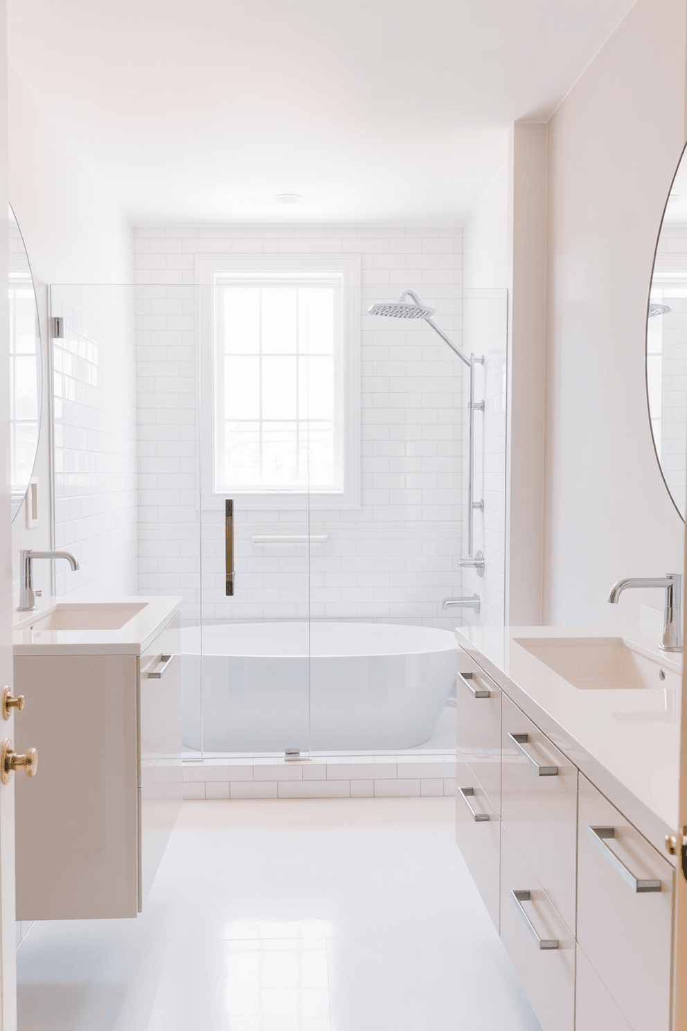 A stylish split bathroom design featuring classic subway tiles in a pristine white finish. The layout includes a separate shower area with glass doors and a freestanding bathtub positioned near a window, allowing natural light to flood the space. Elegant fixtures in polished chrome complement the minimalist aesthetic, while a floating vanity with a sleek countertop provides ample storage. Soft, neutral tones on the walls enhance the clean look, creating a serene and inviting atmosphere.