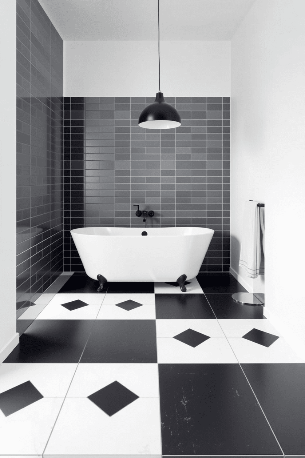 A minimalist bathroom featuring a striking black and white tile design. The floor is covered with large black tiles interspersed with smaller white tiles, creating a modern geometric pattern. On one side of the bathroom, a sleek freestanding bathtub is positioned against a white wall. To complement the design, a simple black pendant light hangs above the tub, adding an elegant touch.