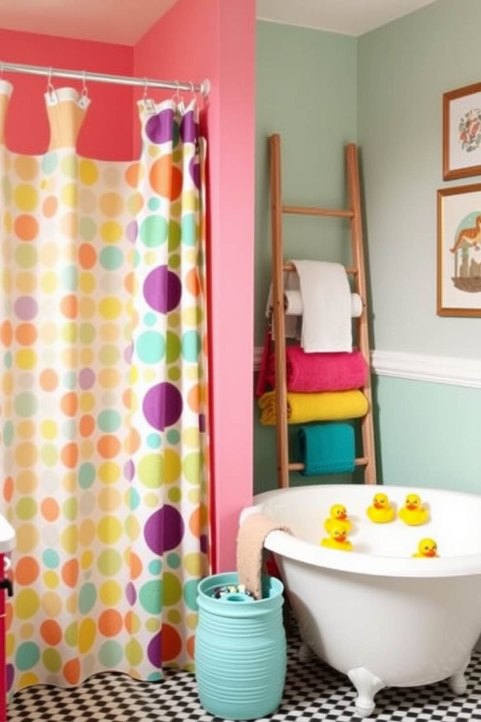 A whimsical split bathroom design featuring playful accessories that add a touch of fun. One side showcases a vibrant shower curtain with a colorful pattern, while the other side has a unique freestanding bathtub adorned with quirky rubber duckies. Brightly colored towels are neatly arranged on a ladder shelf, complementing the lively decor. The walls are painted in a cheerful pastel hue, and decorative wall art adds personality to the space.