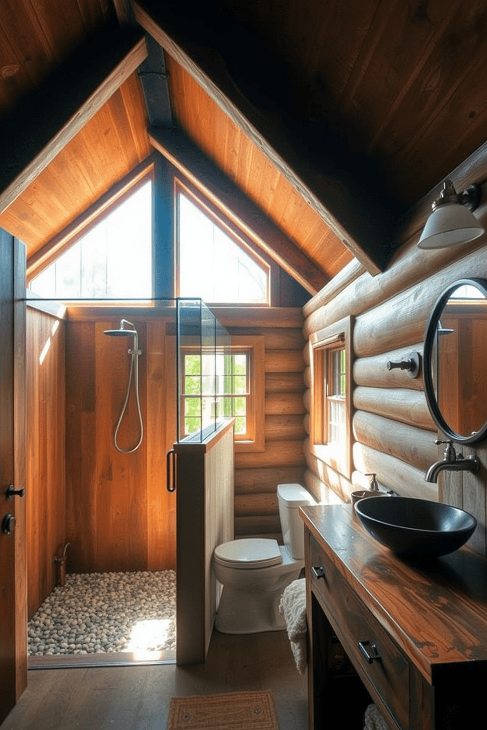 A cozy bathroom featuring rustic wood beams overhead allows natural light to flood the space through large windows. The design is split into two distinct areas, one for the shower and another for the vanity, creating a harmonious balance of functionality and style. The shower area showcases a rainfall showerhead and a pebble stone floor, enhancing the organic feel. Meanwhile, the vanity features a reclaimed wood countertop with a vessel sink, complemented by vintage-style fixtures for an inviting atmosphere.