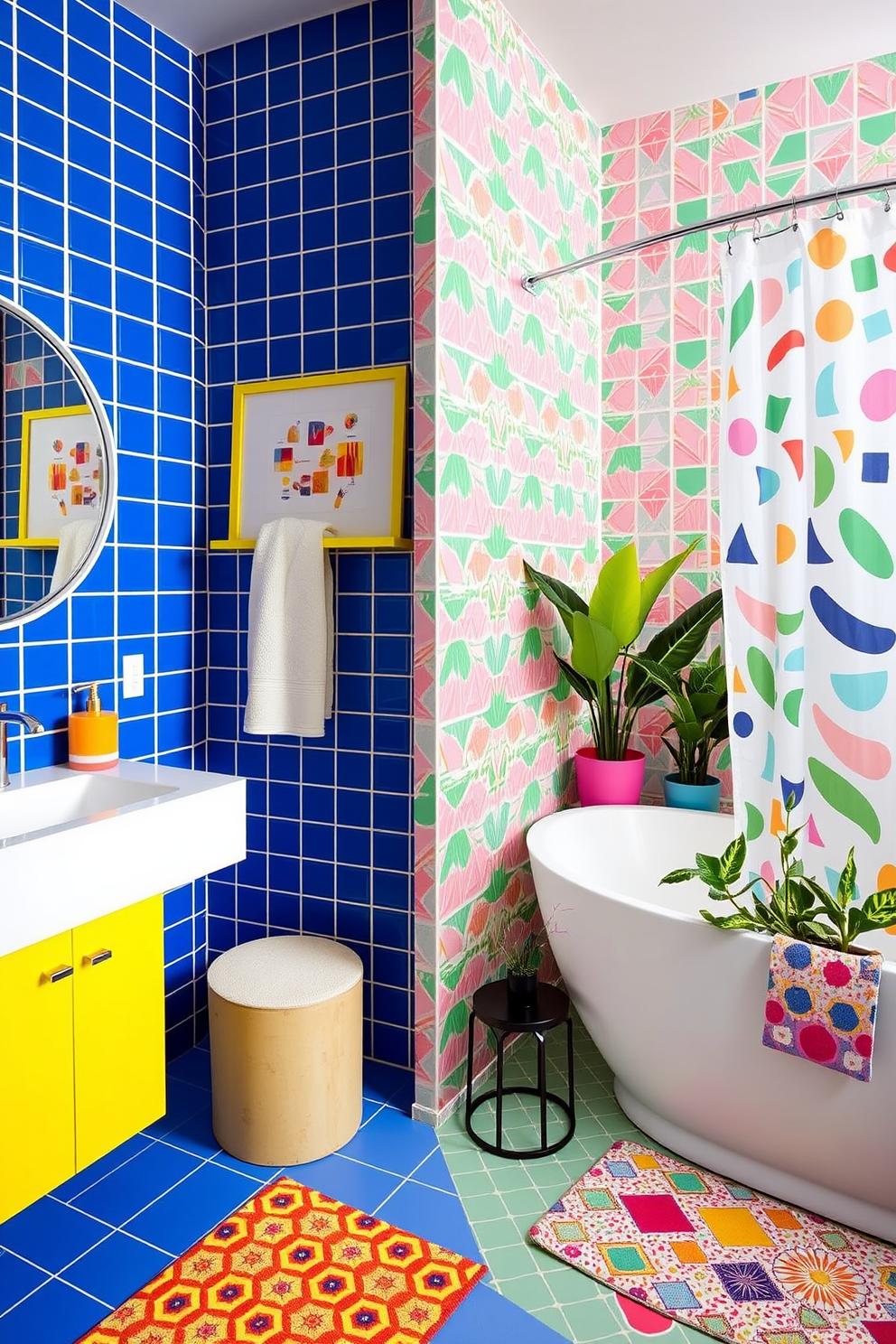 A vibrant split bathroom design featuring bright colors and playful geometric patterns. One side showcases bold blue tiles with yellow accents, while the other side features a mix of pink and green geometric wallpaper. On the left, a sleek white vanity with a round mirror is complemented by colorful accessories like a bright orange soap dispenser and a patterned rug. The right side includes a freestanding bathtub surrounded by colorful potted plants and a playful shower curtain adorned with abstract shapes.