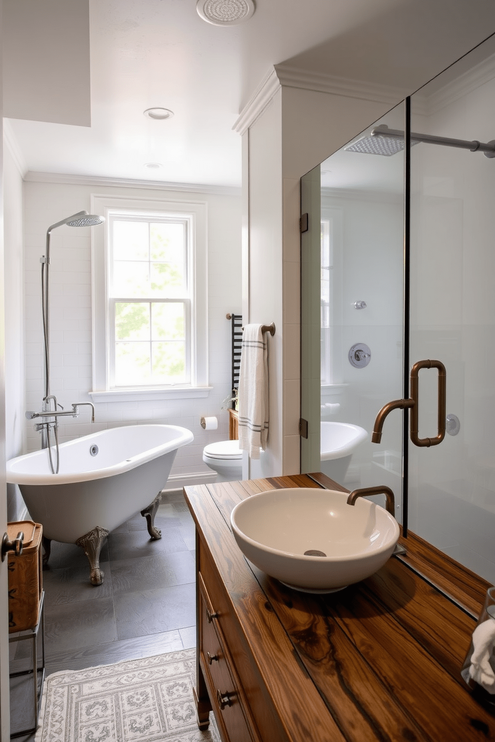 A split bathroom design featuring vintage-inspired fixtures paired with contemporary finishes. The left side showcases a freestanding clawfoot tub with a modern rain showerhead, while the right side features a sleek glass-enclosed shower stall with minimalist hardware. The vanity area is adorned with antique-style faucets and a rustic wooden countertop, complemented by a stylish vessel sink. Soft, ambient lighting highlights the elegant details, and a large window allows natural light to fill the space, enhancing the vintage charm.