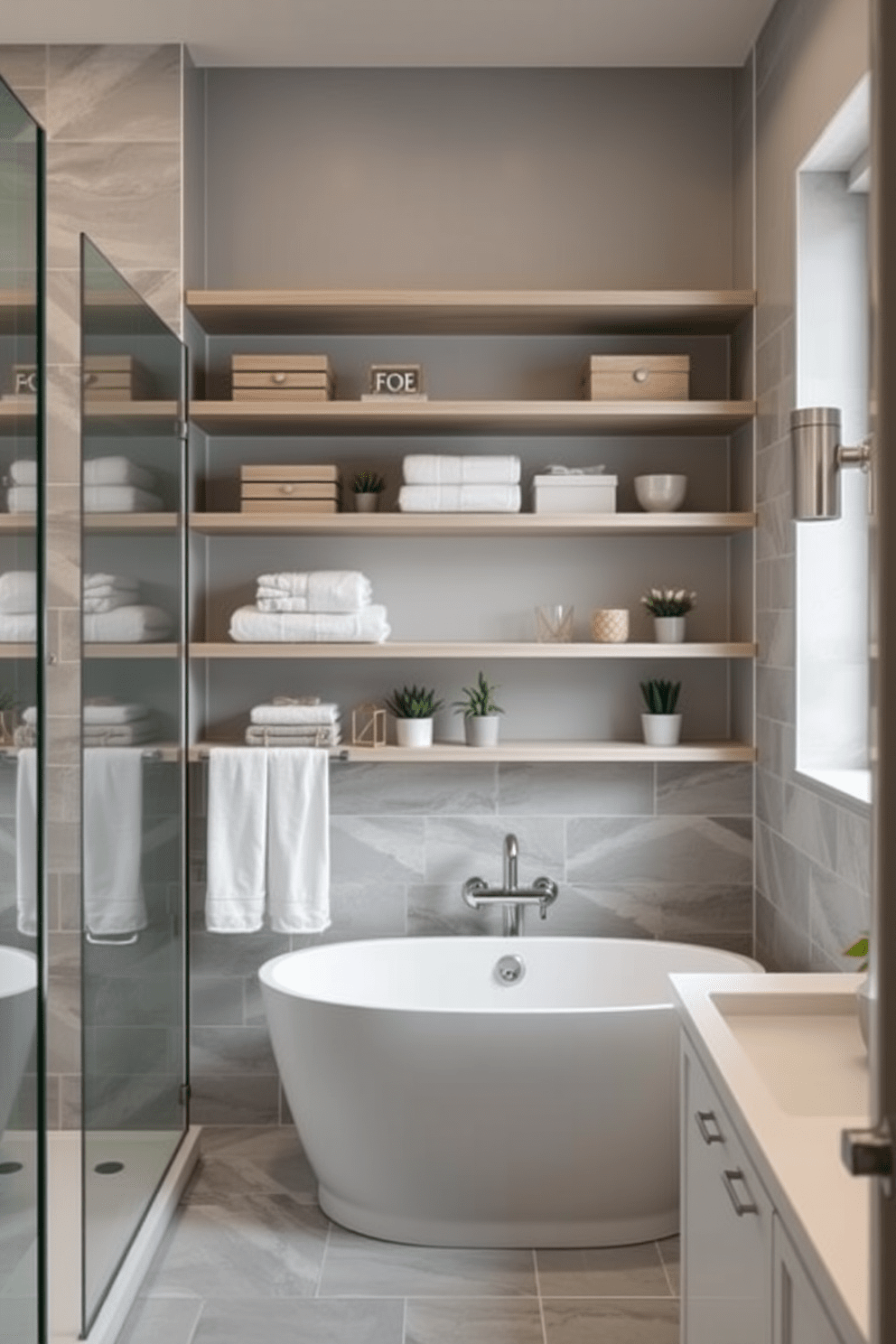 Open shelving for easy access and display. The shelves are filled with neatly arranged towels, decorative boxes, and potted plants, creating a fresh and inviting atmosphere. The split bathroom design features a seamless transition between the shower area and the vanity. Elegant tiles in soft gray adorn the walls, while a freestanding tub adds a touch of luxury to the space.