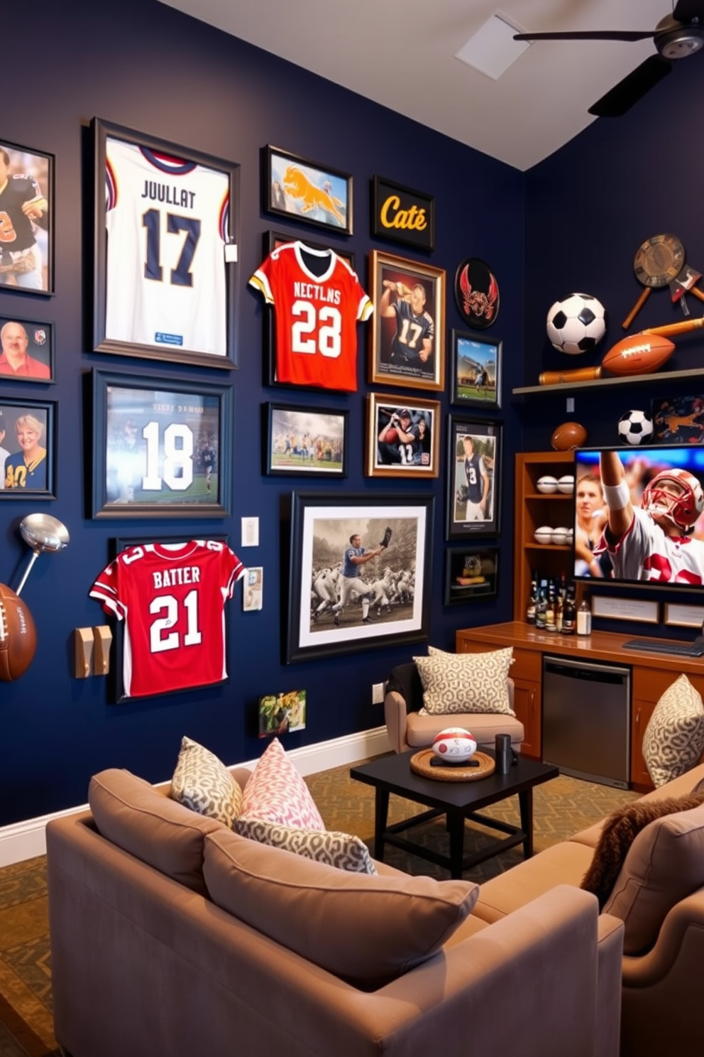 A dynamic sports memorabilia wall display featuring framed jerseys, signed photographs, and vintage sports equipment. The wall is painted in a deep navy blue, creating a bold backdrop for the vibrant memorabilia. A cozy sports man cave designed for relaxation and entertainment. Plush seating is arranged around a large flat-screen TV, with a mini bar stocked with drinks and snacks for game day gatherings.