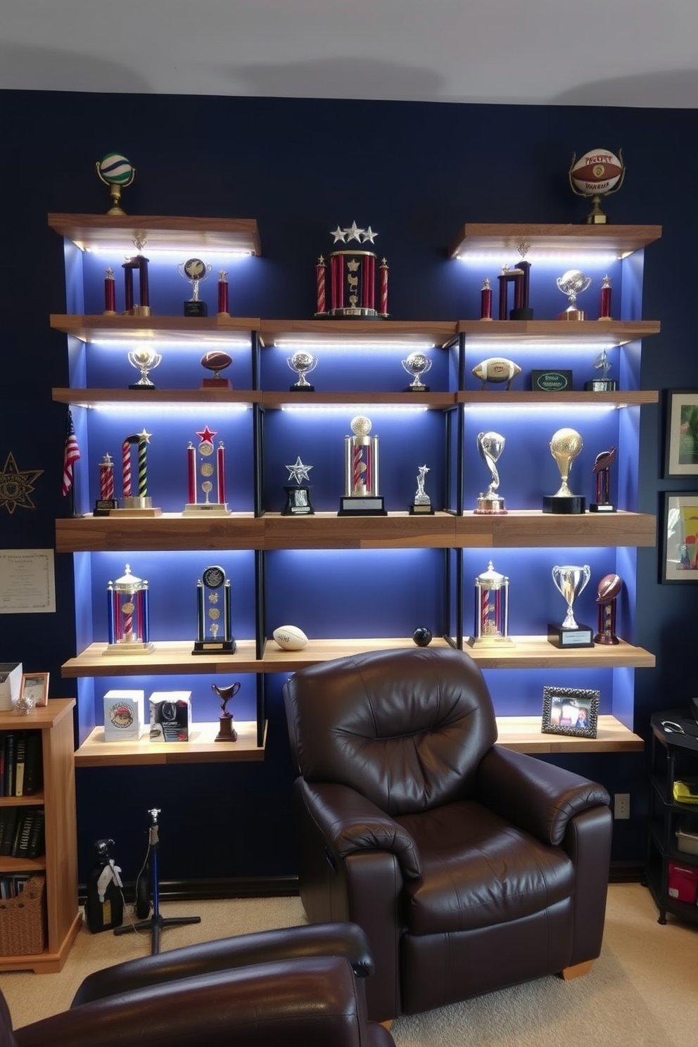 A custom shelving unit designed specifically for displaying trophies in a sports-themed man cave. The shelves are made of reclaimed wood with a rustic finish, featuring LED strip lighting underneath each shelf to highlight the trophies. The walls are painted in a deep navy blue, creating a bold backdrop for the trophies. A comfortable leather recliner is positioned nearby, and sports memorabilia decorates the surrounding space, adding to the overall theme.