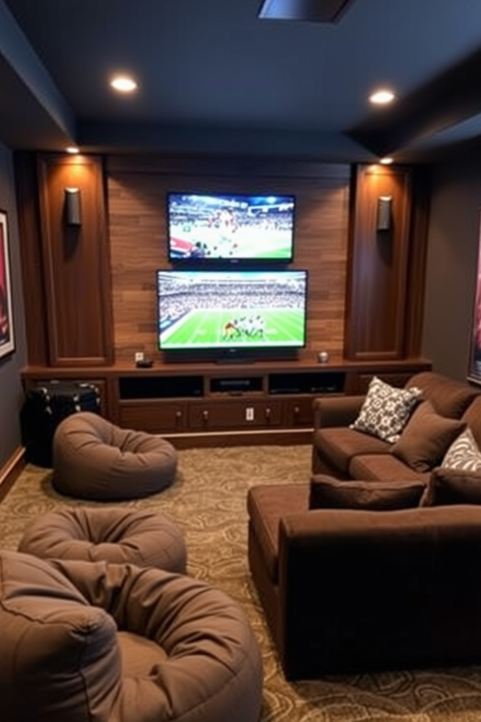 A stylish man cave featuring a wall-mounted TV positioned at eye level for optimal viewing during game days. The room is adorned with comfortable seating, including a plush sectional sofa and bean bags, all arranged to encourage social interaction and excitement.