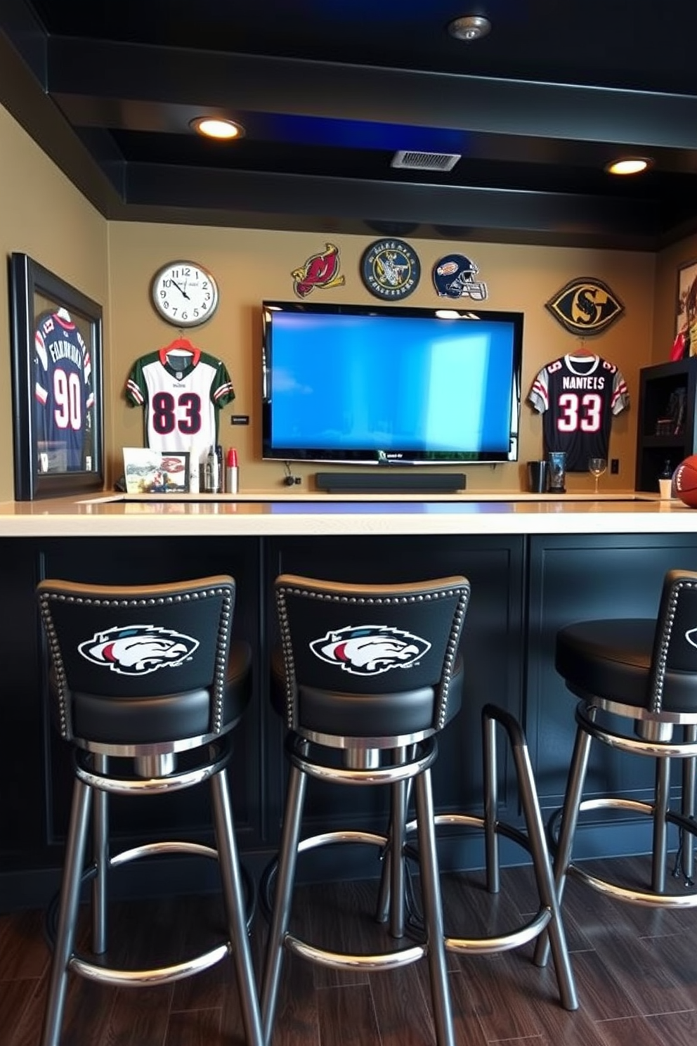 A stylish sports man cave featuring bar stools adorned with team logos. The space includes a large flat-screen television mounted on the wall, surrounded by memorabilia and framed jerseys.