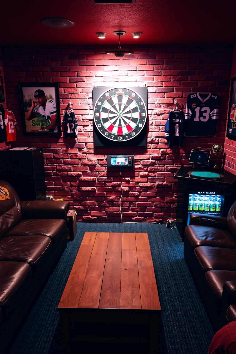 A vibrant sports man cave featuring an interactive dartboard mounted on a textured brick wall. The space is filled with comfortable seating, including a large leather sectional sofa and a rustic wooden coffee table, perfect for entertaining friends. The room is adorned with sports memorabilia and framed jerseys, creating an energetic atmosphere. Ambient lighting highlights the dartboard area, while a mini-fridge stocked with beverages adds to the convenience and fun.