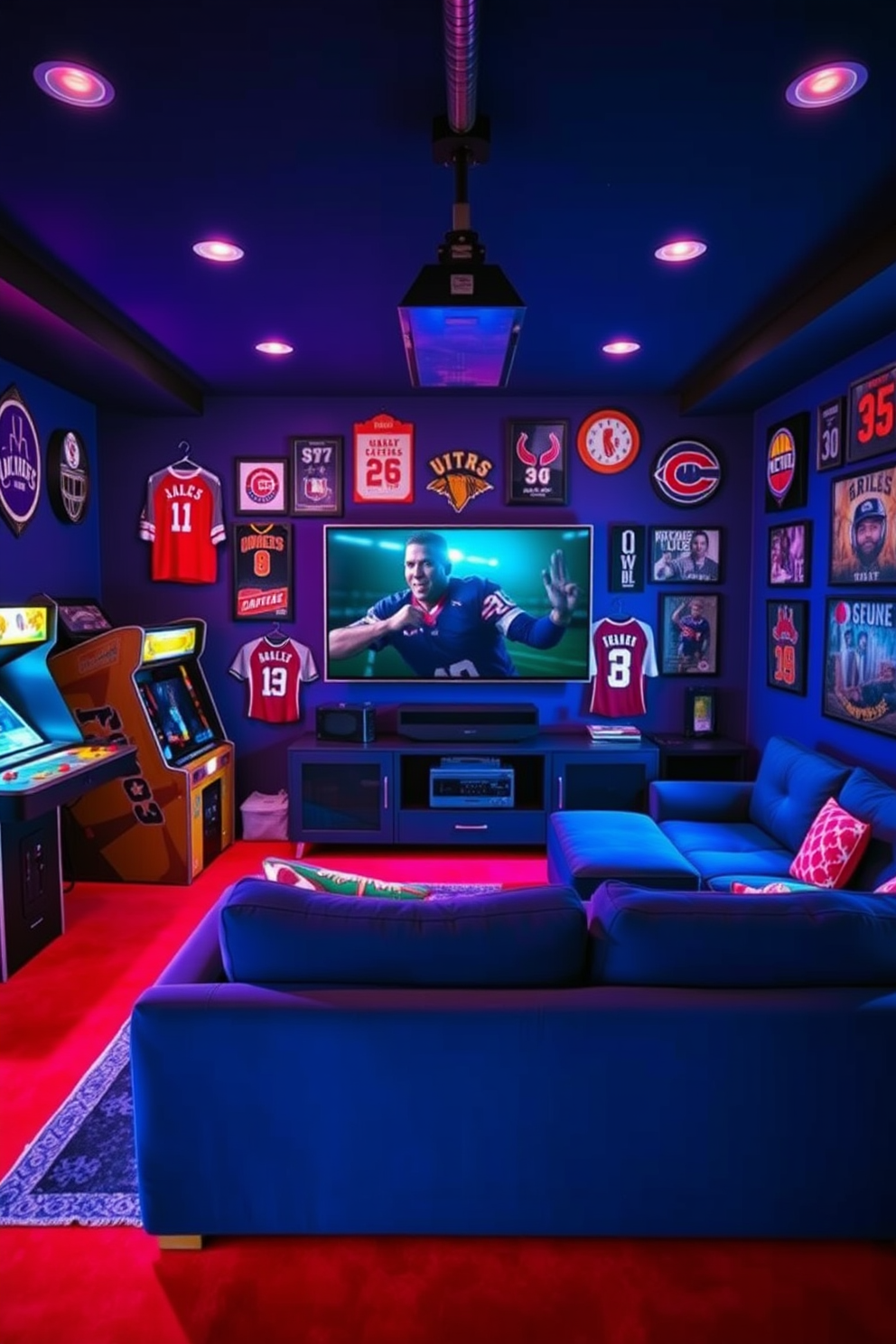 A vibrant man cave designed for sports enthusiasts. In one corner, retro arcade games are set up against a wall adorned with sports memorabilia and framed jerseys. A plush sectional sofa faces a large flat-screen TV mounted above a sleek entertainment unit. The room features a bold color palette with deep blues and reds, complemented by neon lighting for an energetic atmosphere.