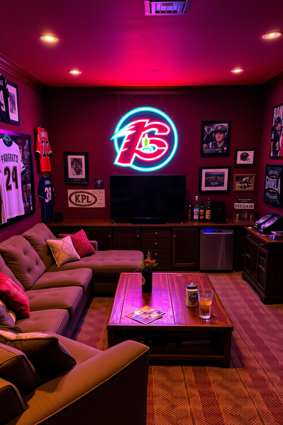 A personalized neon sign glows brightly on the wall, showcasing a favorite sports team logo in vibrant colors. The space is filled with comfortable seating, including a large sectional sofa and a vintage wooden coffee table, creating an inviting atmosphere for friends to gather. The walls are adorned with memorabilia, including framed jerseys and signed photographs, adding a personal touch to the man cave. Ambient lighting enhances the mood, while a mini bar stocked with drinks completes the ultimate sports viewing experience.