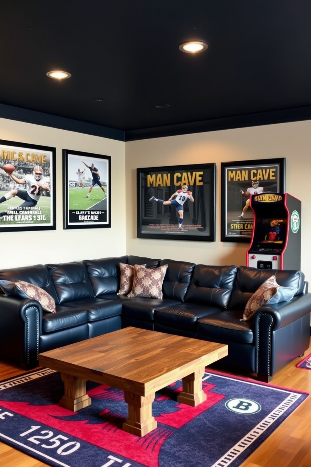 Classic sports posters in sleek black frames adorn the walls of a dedicated man cave. The space features a plush leather sectional sofa in deep navy, with a rustic wooden coffee table at its center. A vintage arcade game stands in one corner, adding a nostalgic touch to the room. The flooring is a warm hardwood, complemented by a large area rug in team colors that ties the design together.