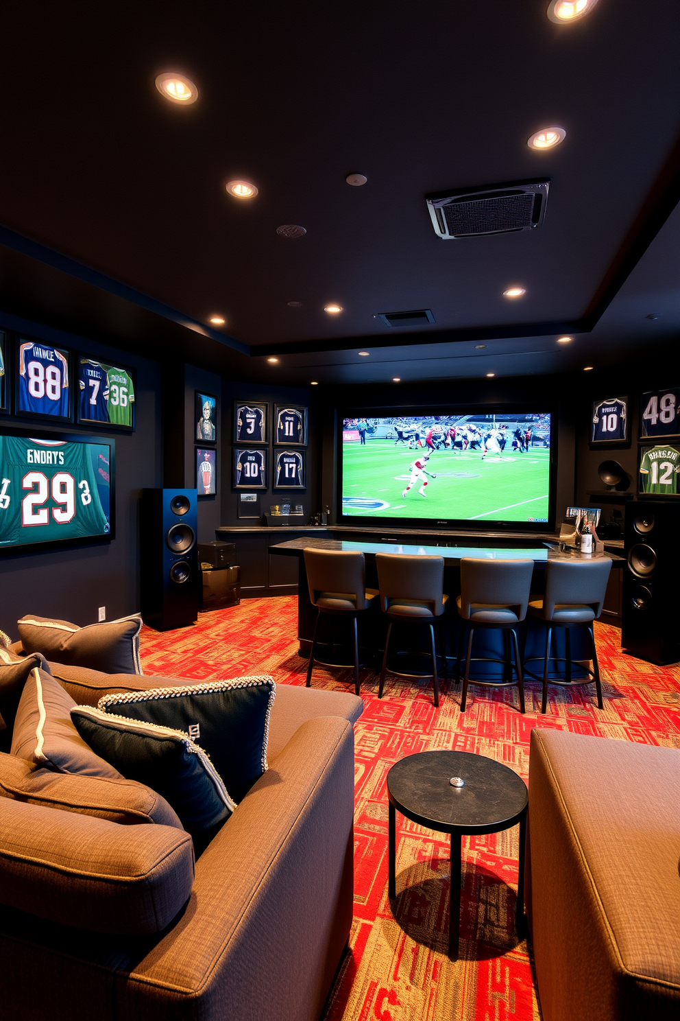 A sound system for an immersive experience. The room features plush seating arranged around a large screen, with speakers strategically placed for optimal audio. Sports man cave design ideas. The space includes a custom bar area with high-top stools, surrounded by memorabilia and framed jerseys, creating a vibrant atmosphere for entertaining friends.