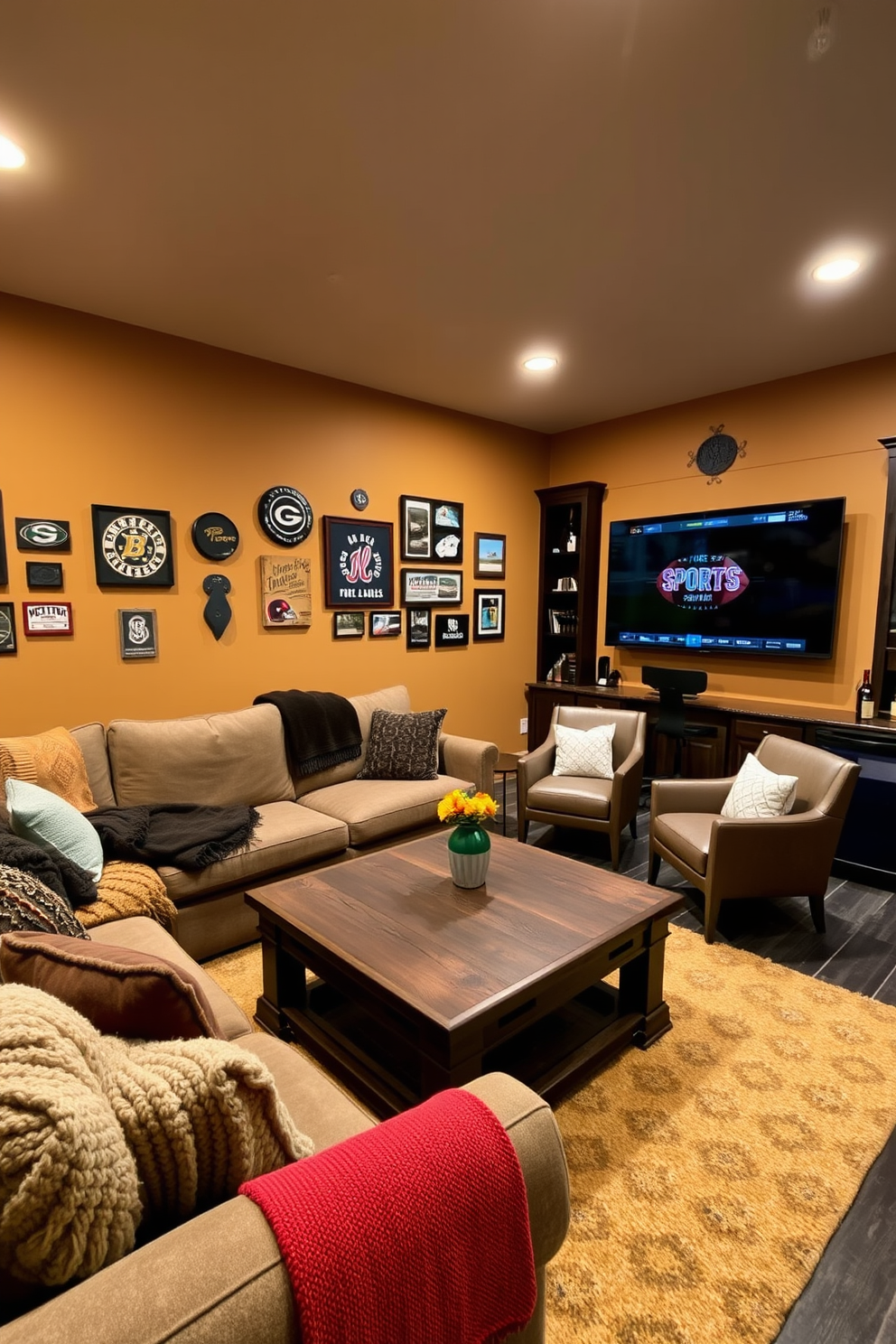 A cozy seating area features a large, plush sectional sofa adorned with soft throw blankets in various textures and colors. The walls are painted in a warm, inviting tone, and a rustic coffee table sits in the center, surrounded by comfortable accent chairs. The sports man cave is designed with a large flat-screen TV mounted on the wall, showcasing memorabilia from favorite teams. Dark wood accents and dim lighting create a relaxed atmosphere, while a mini fridge and snack bar add convenience for game days.