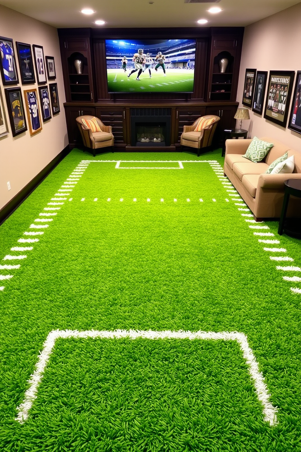 A vibrant football field carpet design featuring lush green turf with white yard lines and end zones. The carpet is bordered by a dark wood trim, creating a striking contrast with the bright green. A cozy sports man cave designed with plush seating and a large flat-screen TV mounted on the wall. The walls are adorned with framed jerseys and memorabilia, creating an inviting atmosphere for game day gatherings.