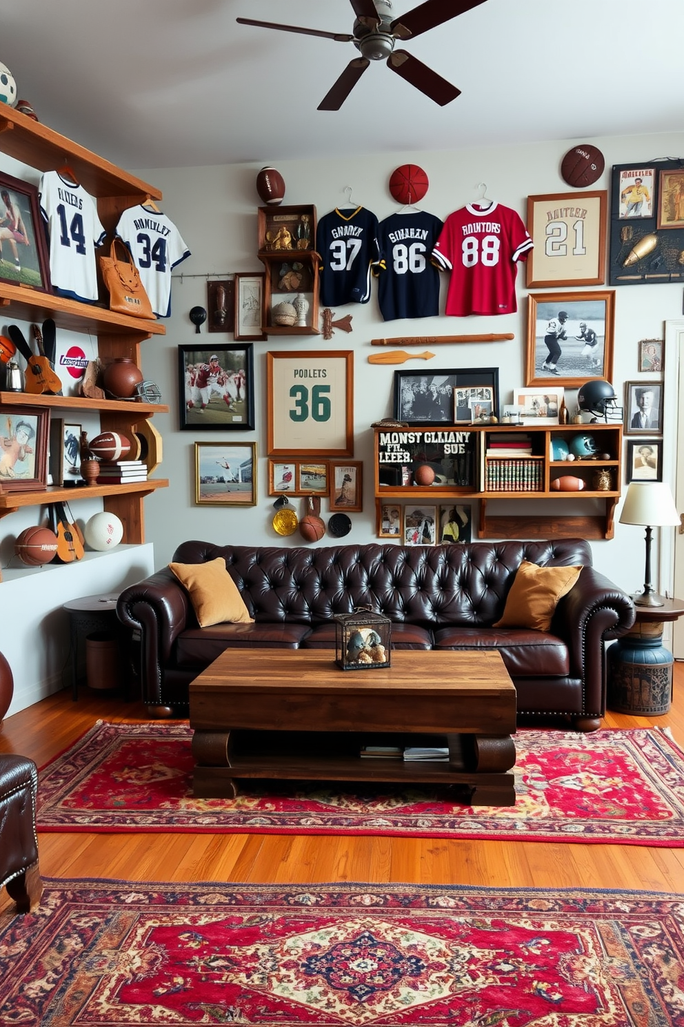 A vintage sports equipment decor theme featuring an assortment of classic sports memorabilia displayed on rustic wooden shelves. The walls are adorned with framed jerseys and vintage photographs, creating an inviting atmosphere for sports enthusiasts. In the center of the room, a comfortable leather sofa is positioned around a reclaimed wood coffee table, perfect for gatherings. The flooring is a warm hardwood, complemented by a vintage area rug that adds character to the space.