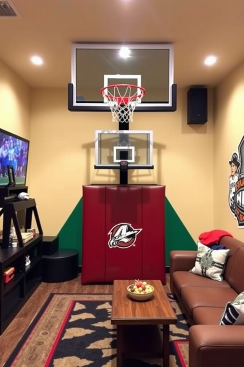 A dynamic sports man cave featuring a basketball hoop mounted on the wall. The space is designed with comfortable seating and vibrant team colors, creating an inviting atmosphere for game nights.