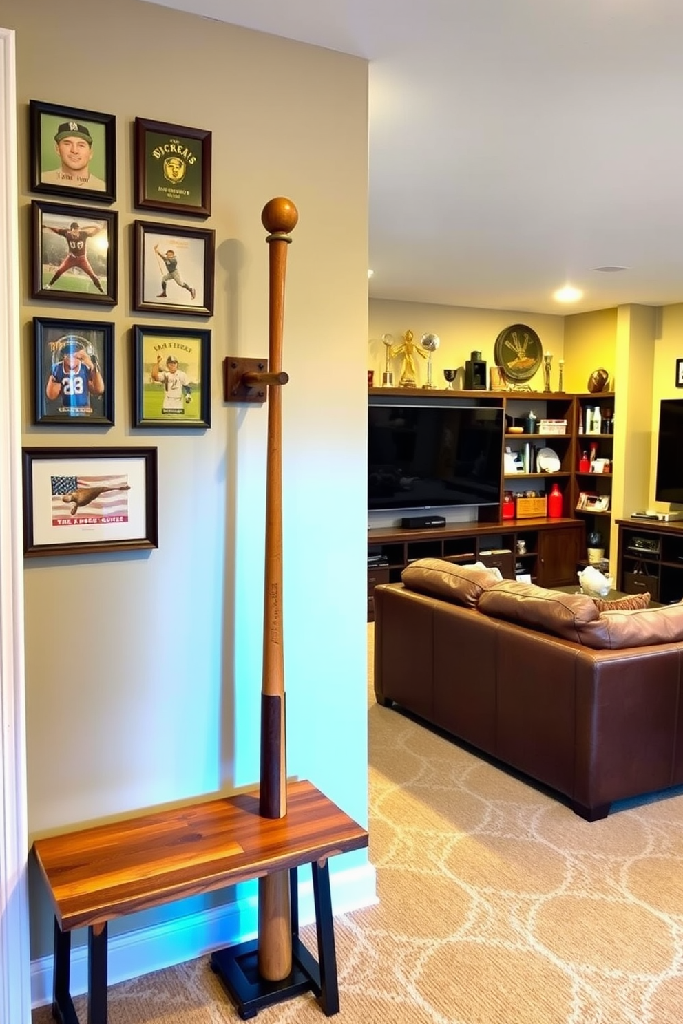 A unique coat rack designed from a vintage baseball bat stands prominently in the entryway. Surrounding the rack, the walls are adorned with framed sports memorabilia and a rustic wooden bench provides seating for guests. The man cave features a cozy seating area with a leather sectional sofa and a large flat-screen TV mounted on the wall. Shelves filled with sports trophies and collectibles add personality to the space, while dimmable lighting creates an inviting atmosphere.