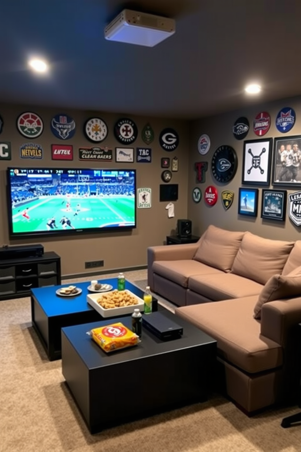 A cozy sports man cave featuring a portable projector for movie nights. The walls are adorned with memorabilia from favorite teams, and a large sectional sofa provides ample seating for guests. In front of the sofa, a sleek coffee table holds snacks and drinks, while a mounted screen displays the latest game. Ambient lighting creates a relaxed atmosphere, perfect for enjoying sports events with friends.