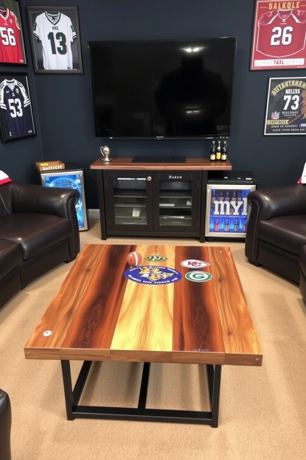 A sports-themed coffee table designed for a man cave features a reclaimed wood surface with a glossy finish showcasing a variety of sports memorabilia. Underneath, a sturdy metal frame adds an industrial touch, while the table is surrounded by comfortable leather seating in team colors. The man cave design incorporates dark walls adorned with framed jerseys and vintage sports posters. A large flat-screen TV is mounted above a sleek media console, with a mini-fridge stocked with beverages conveniently placed nearby.