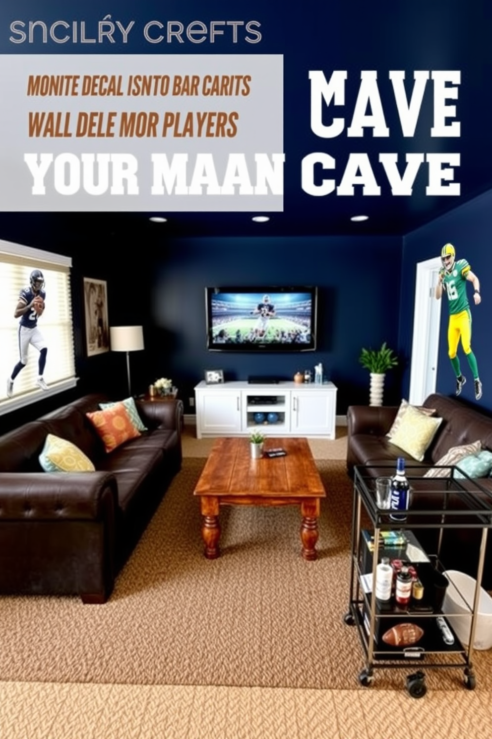 Create a dynamic sports man cave featuring wall decals of your favorite players. The room includes a large sectional sofa facing a big screen TV, with a rustic coffee table in the center. Incorporate a mini-fridge stocked with drinks and snacks, positioned next to a stylish bar cart. The walls are painted in a deep navy blue, enhancing the vibrant colors of the player decals.