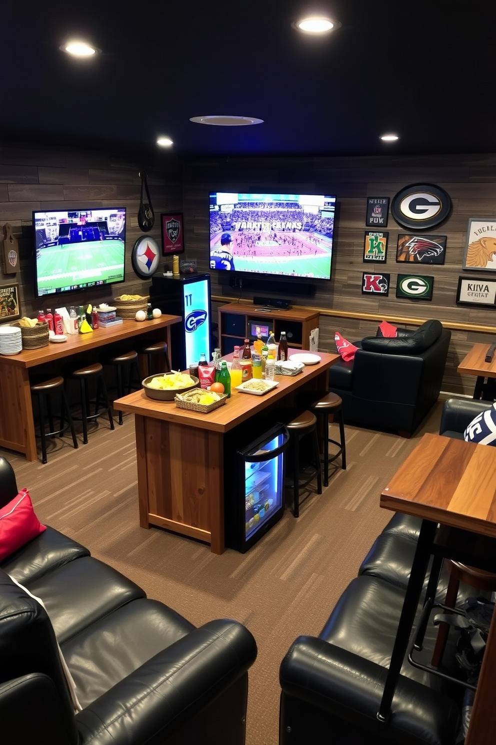 A game day snack station setup featuring a large wooden island in the center adorned with an array of colorful snacks and drinks. Surrounding the island are high-top stools, and a big screen TV is mounted on the wall, showcasing the latest game. A sports man cave design with dark leather couches arranged for optimal viewing, accented by team memorabilia on the walls. The room includes a rustic bar area with high stools, a mini fridge stocked with beverages, and ambient lighting to create a lively atmosphere.