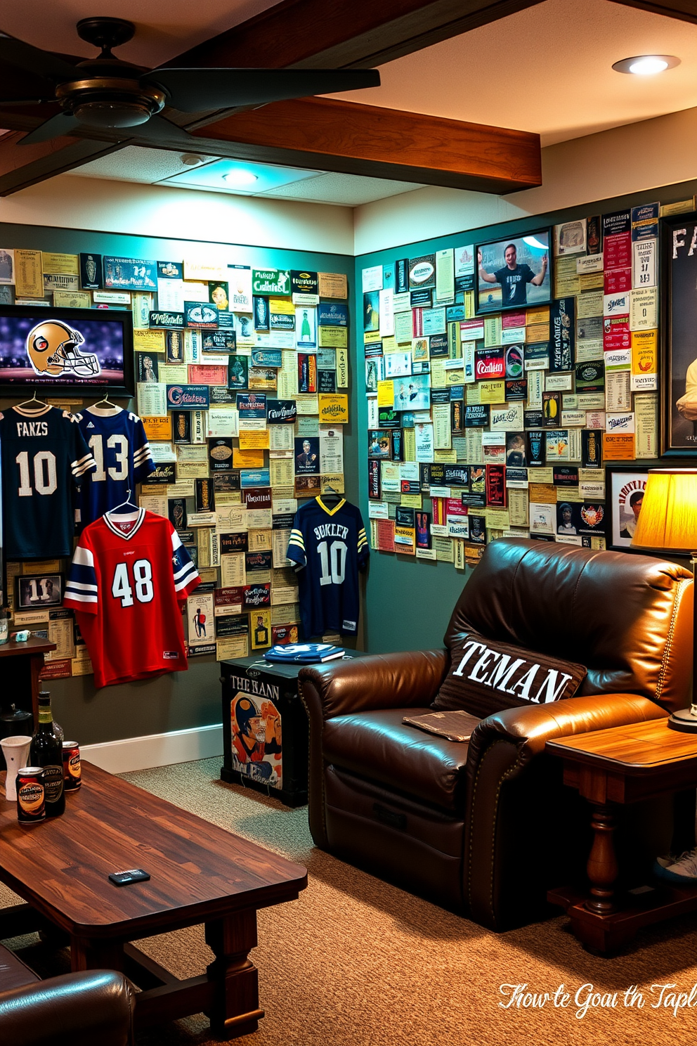 A vintage ticket stubs collage adorns the walls of a cozy man cave, showcasing an array of colorful and nostalgic memorabilia from various sporting events. The room is illuminated by soft, ambient lighting that highlights the collage while creating a warm and inviting atmosphere. In one corner, a plush leather recliner sits next to a rustic wooden coffee table, perfect for enjoying drinks while watching games. The space is accented with framed jerseys and sports memorabilia, adding character and a personal touch to the overall design.