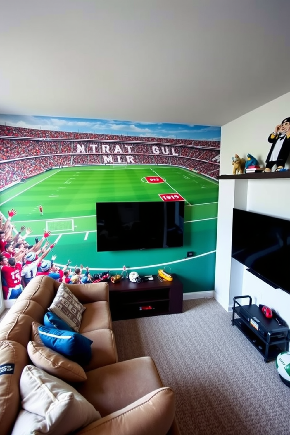 Custom painted mural of a vibrant stadium scene covering one wall, featuring cheering fans and dynamic team colors. The room includes a comfortable sectional sofa, a large flat-screen TV mounted on the opposite wall, and sports memorabilia displayed on shelves.