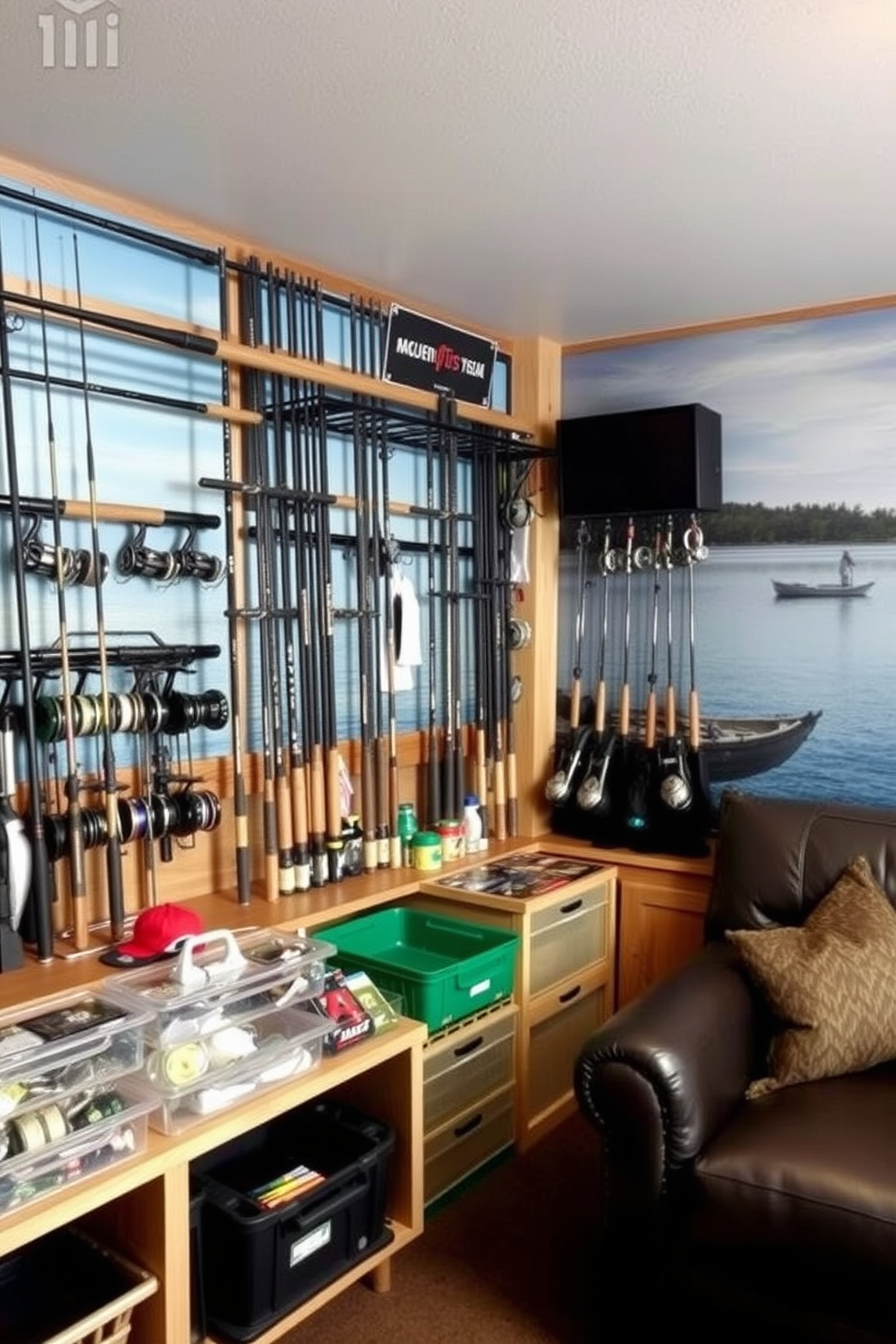 A dynamic fishing gear display designed for anglers. The space features wall-mounted racks showcasing various rods and reels, complemented by organized tackle boxes and a dedicated area for fishing accessories. The man cave is styled with rustic wooden accents and comfortable seating for relaxation. A large mural of a serene lake scene enhances the atmosphere, creating an inviting retreat for sports enthusiasts.