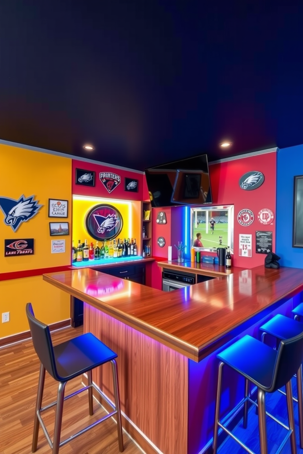 A stylish home bar designed in vibrant team colors creates an inviting atmosphere for sports enthusiasts. The bar features a polished wooden counter with sleek bar stools, adorned with team logos and memorabilia that celebrate your favorite sports. The walls are painted in bold colors representing the team, complemented by LED strip lighting for a modern touch. A large flat-screen TV is mounted above the bar, ensuring that every game can be enjoyed in comfort and style.