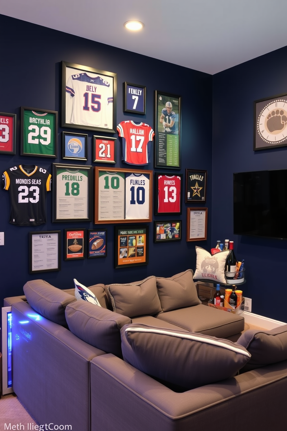 A dynamic sports trivia wall featuring framed jerseys and memorabilia from various sports teams. The wall is painted in a deep navy blue, creating a bold backdrop for colorful sports-themed artwork and interactive trivia boards. A cozy sports man cave designed for relaxation and entertainment. The space includes a plush sectional sofa, a large flat-screen TV mounted on the wall, and a mini-fridge stocked with snacks and drinks, all accented with team colors and logos.