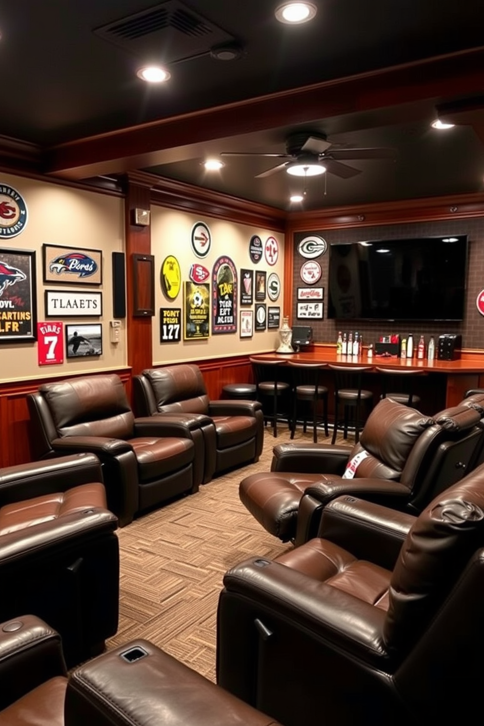 A cozy sports man cave featuring plush leather recliners arranged for optimal viewing of a large flat-screen TV. The walls are adorned with memorabilia from favorite teams, and a stylish bar area is stocked with drinks and snacks.