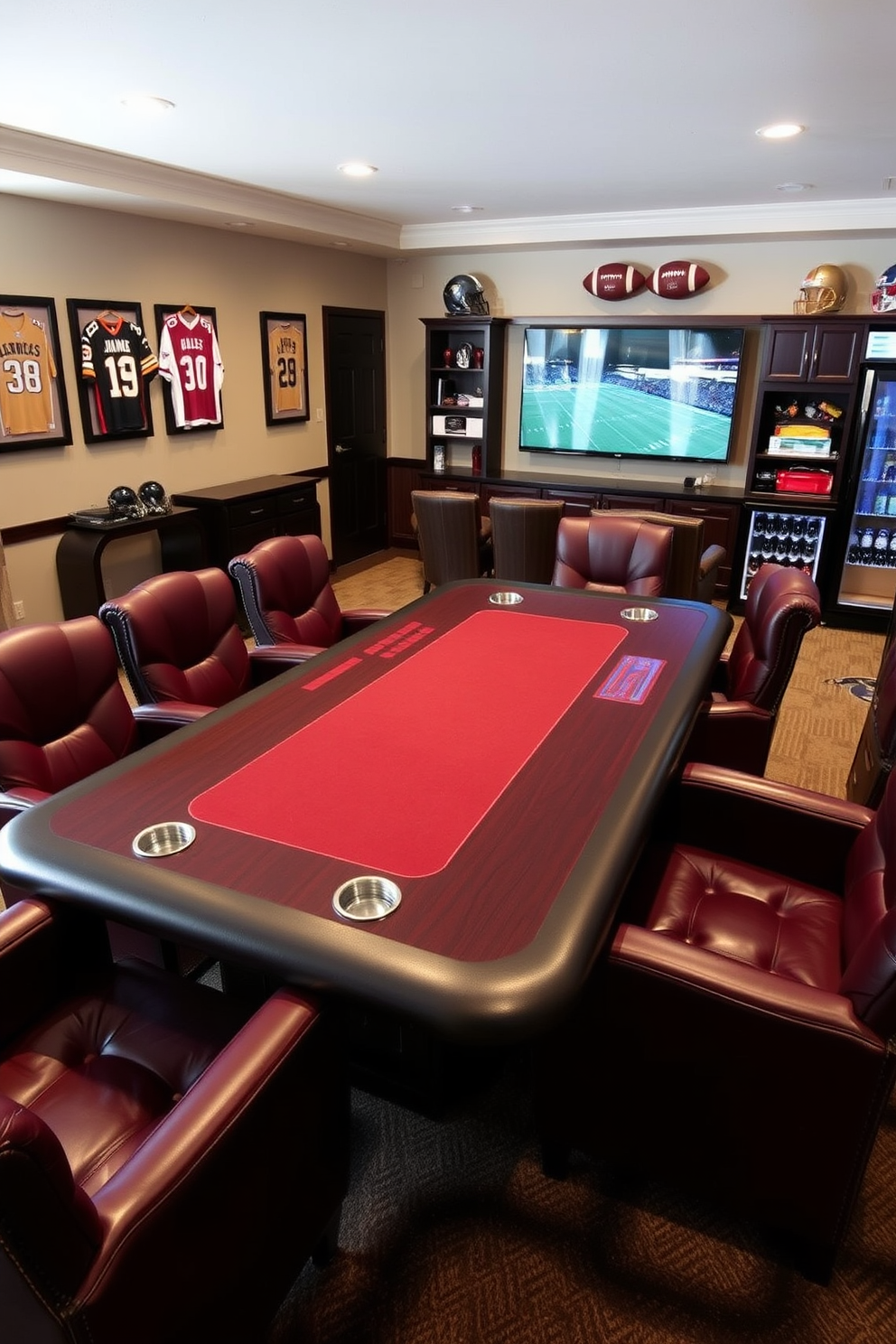 A sleek game table designed for poker nights features a rich mahogany surface with built-in cup holders and a felt playing surface. Surrounding the table are plush leather chairs in deep burgundy, creating a luxurious yet comfortable atmosphere for friends to gather and enjoy the game. The sports man cave is adorned with memorabilia from favorite teams, including framed jerseys and signed footballs. A large flat-screen TV is mounted on the wall, providing the perfect backdrop for watching games, while a mini fridge stocked with drinks adds convenience for entertaining guests.