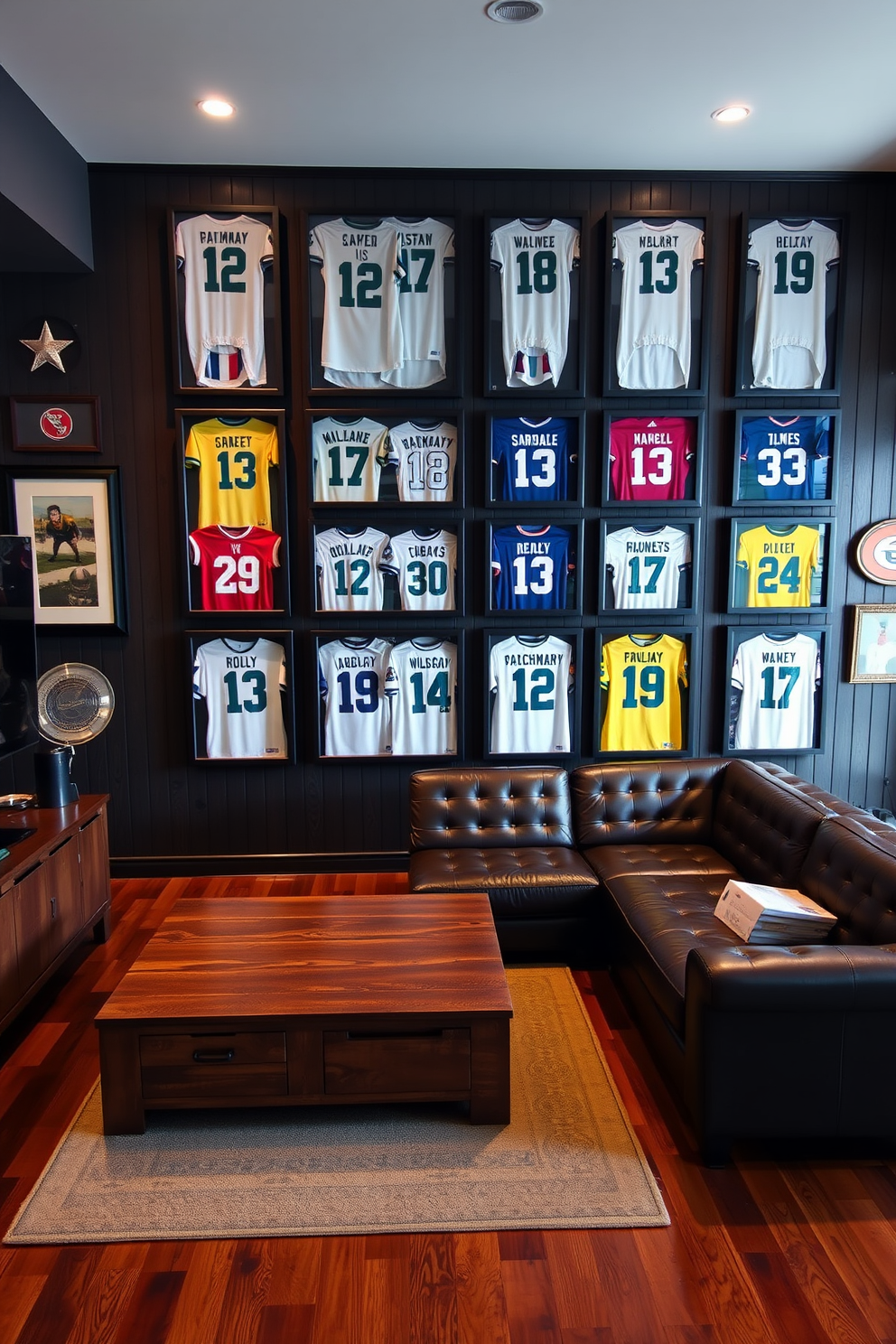 A stylish man cave featuring framed sports jerseys as wall art. The jerseys are arranged in a visually appealing grid on a dark wood-paneled wall, complemented by soft ambient lighting. A plush leather sectional sofa sits in the center of the room, surrounded by a reclaimed wood coffee table and vintage sports memorabilia. The flooring is a rich hardwood, and a large flat-screen TV is mounted above a sleek media console, creating the perfect space for game day gatherings.